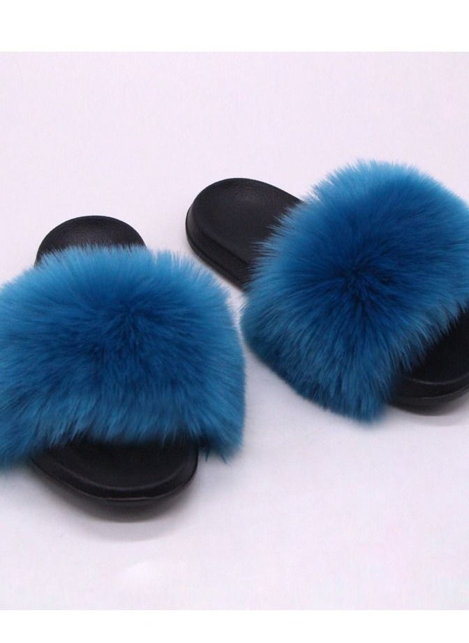 Loquat Stylish Women Faux Fur Open Toe Flat Slippers Sandals Non Slip Homewear Shoes 