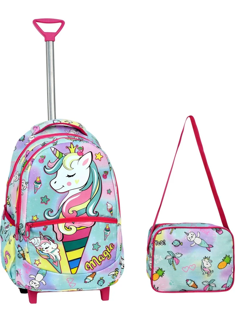 Çantaland Primary School Bag with Wheeled Unicorn Pattern + Lunch Box