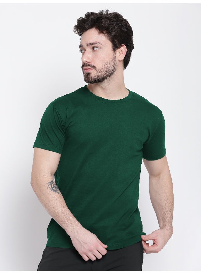 Beyoung Bottle Green Plain T-shirt For Men  - Image 2