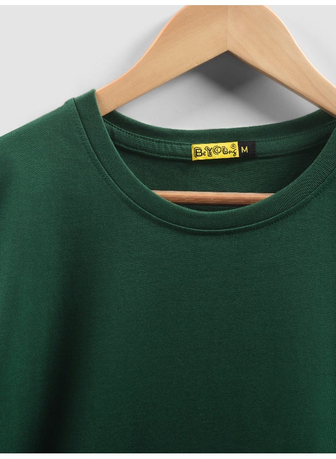 Beyoung Bottle Green Plain T-shirt For Men  - Image 5