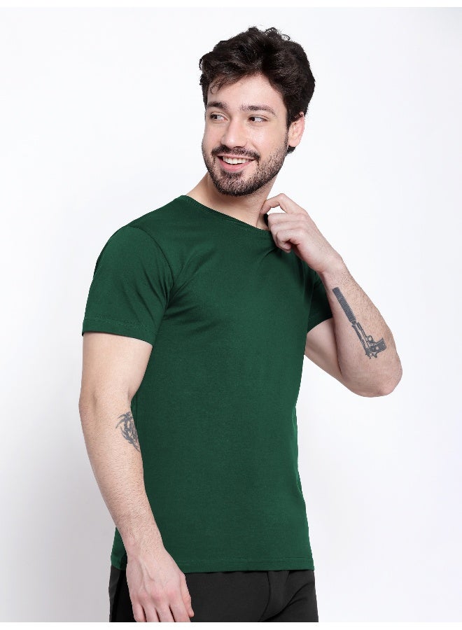 Beyoung Bottle Green Plain T-shirt For Men  - Image 4