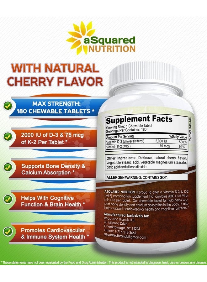 aSquared Nutrition Vitamin D3 With K2 Supplement 180 Chewable Tablets Max Strength D3 Cholecalciferol & K2 Mk7 To Support Healthy Bones Teeth Heart Antioxidant D 3 & K 2 Mk7 Energy Formula For Men And Women - Image 5