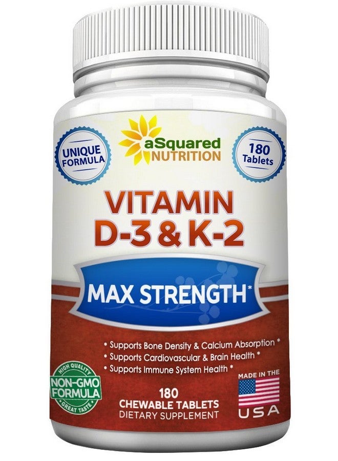 aSquared Nutrition Vitamin D3 With K2 Supplement 180 Chewable Tablets Max Strength D3 Cholecalciferol & K2 Mk7 To Support Healthy Bones Teeth Heart Antioxidant D 3 & K 2 Mk7 Energy Formula For Men And Women - Image 1