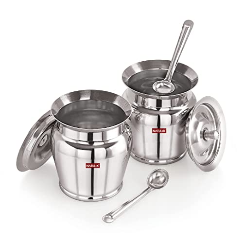 NATULIX Stainless Steel Ghee Pot | Oil Pot | Ghee Pot with Spoon and Lid | 400ml | Silver | 400ml | Pack of 2 - Image 3