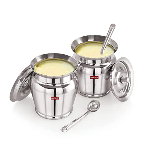 NATULIX Stainless Steel Ghee Pot | Oil Pot | Ghee Pot with Spoon and Lid | 400ml | Silver | 400ml | Pack of 2 - Image 1