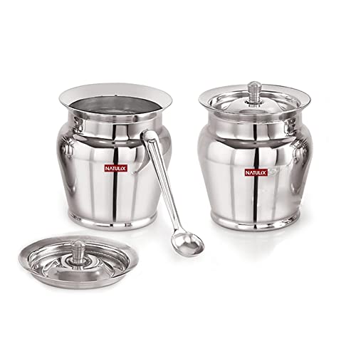 NATULIX Stainless Steel Ghee Pot | Oil Pot | Ghee Pot with Spoon and Lid | 400ml | Silver | 400ml | Pack of 2 - Image 2