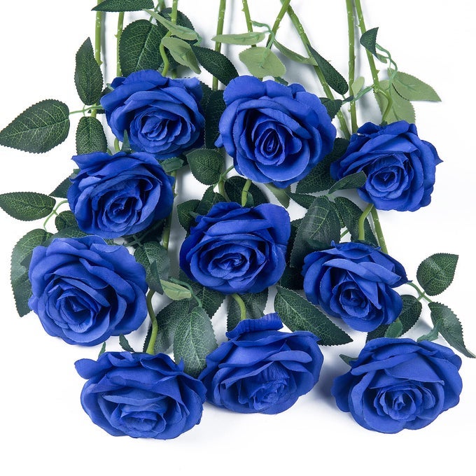 10PCS ROYAL BLUE ARTIFICIAL SILK ROSES FLOWERS SINGLE LONG STEM VELET REAL TOUCH FAKE ROSES BOUQUETS FOR HOME OFFICE GARDEN DECORATION