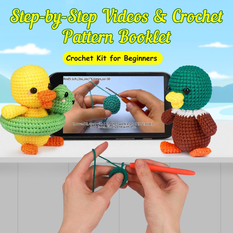 ekaus Crochet Kit for Beginners, Crochet Kit with Step-by-Step Video Tutorials, Crochet DIY Knitting Supplies for Adults, Crochet Ducks(45%+ Yarn) - Image 3