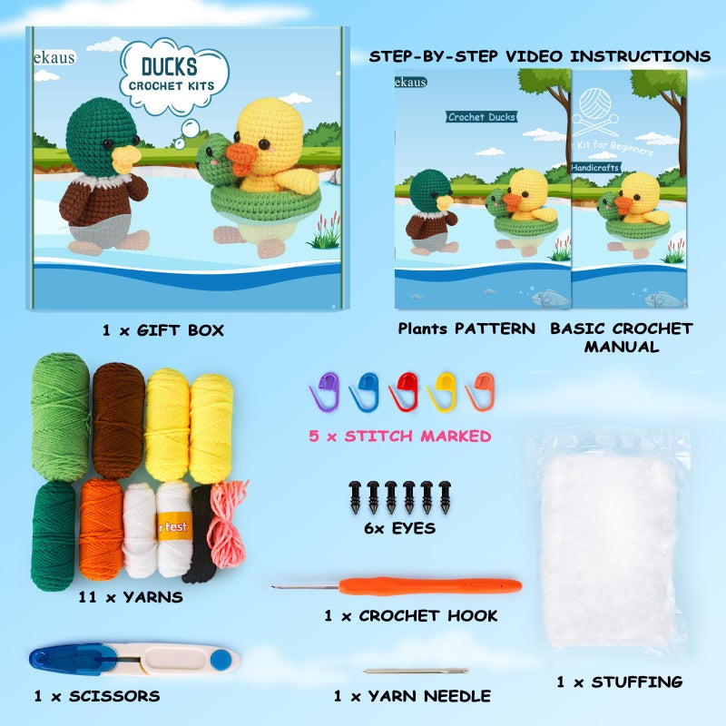 ekaus Crochet Kit for Beginners, Crochet Kit with Step-by-Step Video Tutorials, Crochet DIY Knitting Supplies for Adults, Crochet Ducks(45%+ Yarn) - Image 1