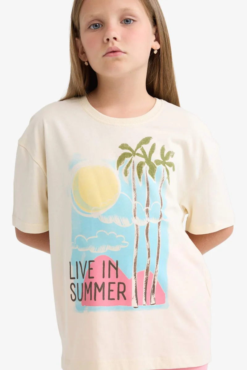 ديفاكتو Girl Relax Fit Crew Neck Slogan Printed T-Shirt