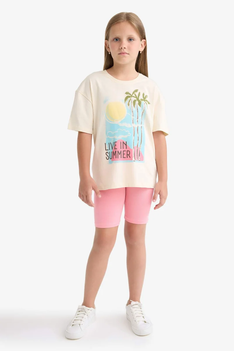 ديفاكتو Girl Relax Fit Crew Neck Slogan Printed T-Shirt
