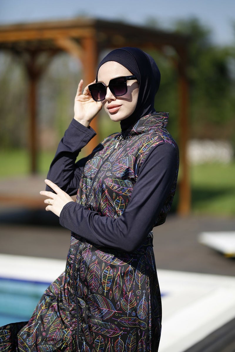 Remsa Mayo Remsa Swimsuit Fully Covered Hijab Swimsuit Colorful Leaf Merve  - Image 1