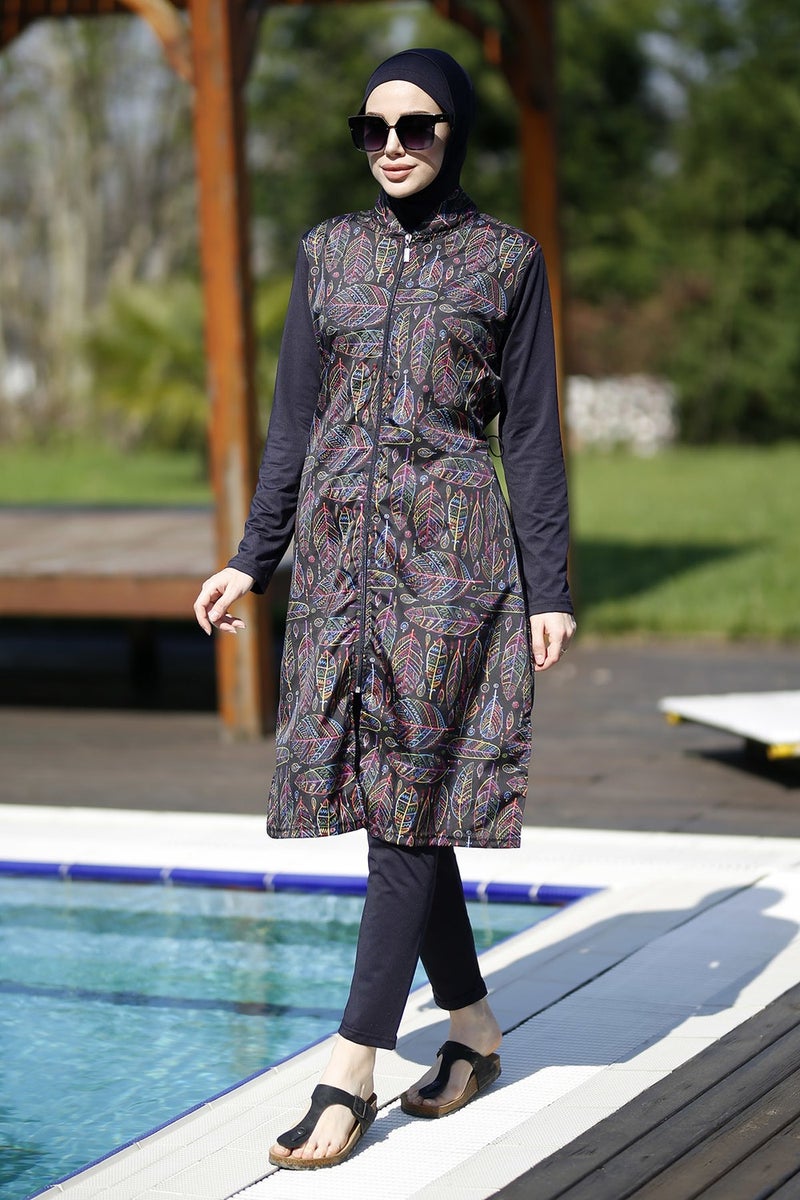 Remsa Mayo Remsa Swimsuit Fully Covered Hijab Swimsuit Colorful Leaf Merve  - Image 2