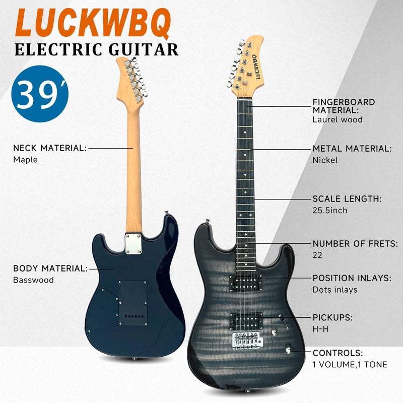LUCKWBQ 39" Full Size ST Style Electric Guitar Starter Kit with HH Pickup, 20W Portable Amp, Tuner, Gig Bag, Strap & Accessories (Black Flame) - Image 4