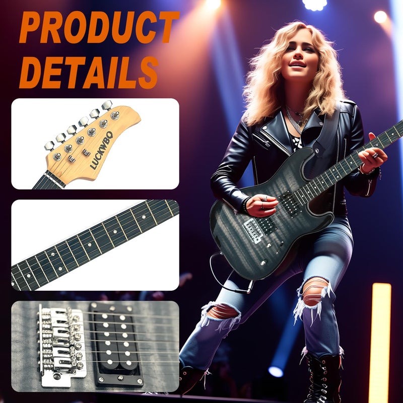 LUCKWBQ 39" Full Size ST Style Electric Guitar Starter Kit with HH Pickup, 20W Portable Amp, Tuner, Gig Bag, Strap & Accessories (Black Flame) - Image 2
