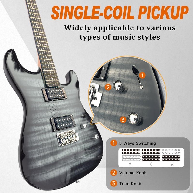 LUCKWBQ 39" Full Size ST Style Electric Guitar Starter Kit with HH Pickup, 20W Portable Amp, Tuner, Gig Bag, Strap & Accessories (Black Flame) - Image 5