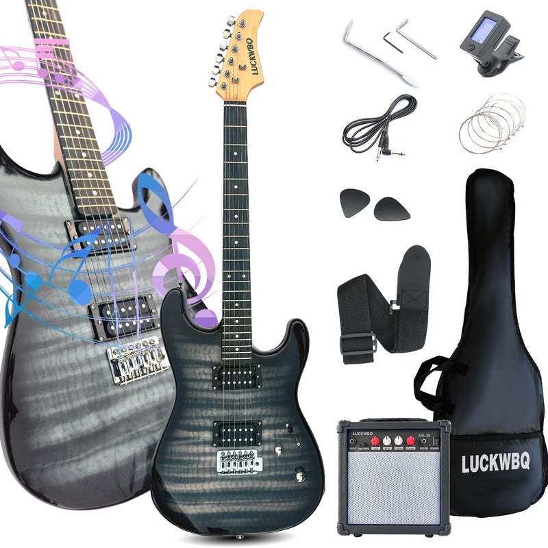 LUCKWBQ 39" Full Size ST Style Electric Guitar Starter Kit with HH Pickup, 20W Portable Amp, Tuner, Gig Bag, Strap & Accessories (Black Flame) - Image 3