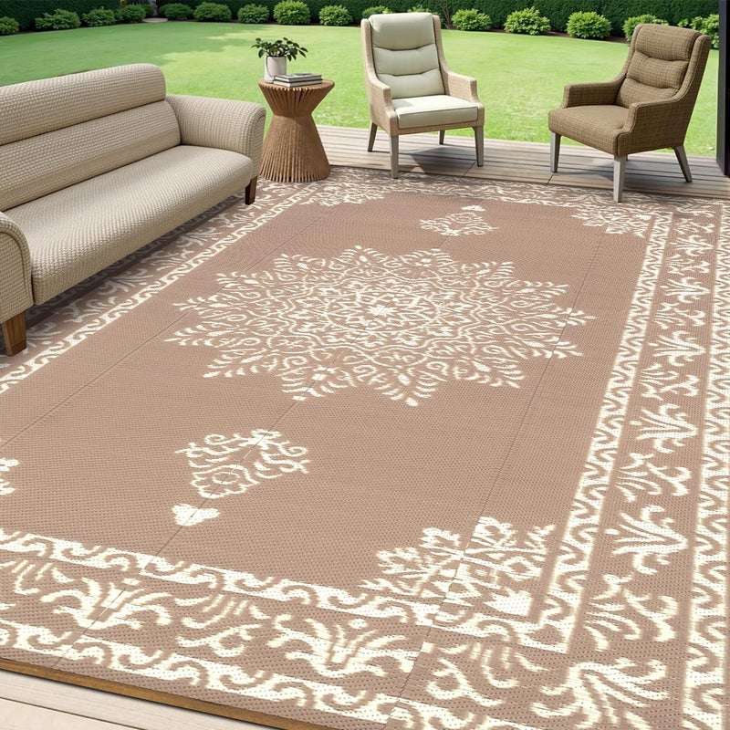 Yamaziot Outdoor Rug 8x10 Ft, Waterproof Plastic Straw Patio Rug, Reversible Backyard Carpet UV Resistant Portable RV Mat Clearance, Large Indoor Outdoor Rug for Patio, Porch, Deck, Balcony, Brown - Image 1