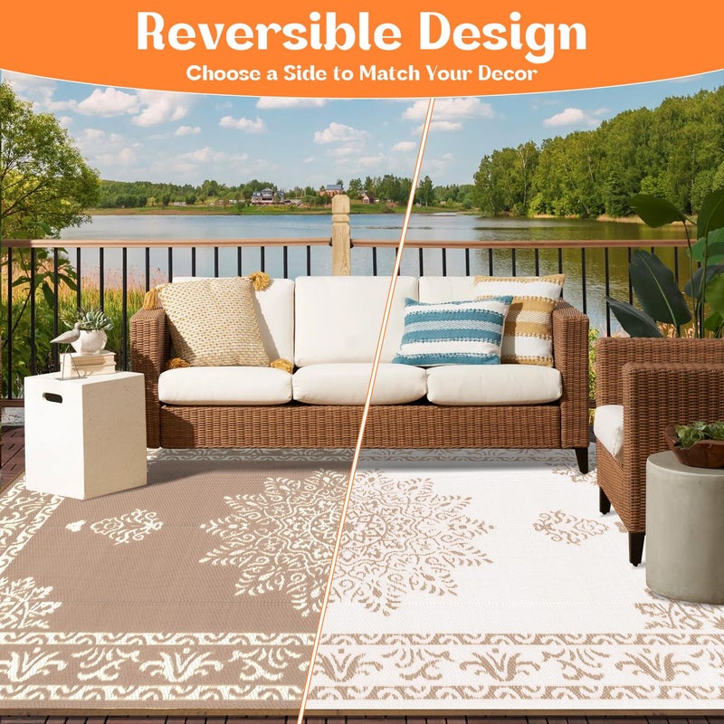 Yamaziot Outdoor Rug 8x10 Ft, Waterproof Plastic Straw Patio Rug, Reversible Backyard Carpet UV Resistant Portable RV Mat Clearance, Large Indoor Outdoor Rug for Patio, Porch, Deck, Balcony, Brown - Image 2