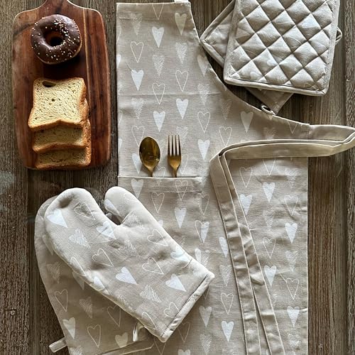 Oak & Lily Kitchen Linen Set | Apron with Heat Resistant, Cushioned Oven Mitts & Pot Holders | 100% Cotton | Washable | Gift for Cooking, Baking & Housewarming (Beige & Ivory Heart Pattern) - Image 1