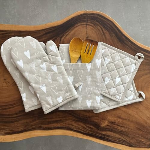 Oak & Lily Kitchen Linen Set | Apron with Heat Resistant, Cushioned Oven Mitts & Pot Holders | 100% Cotton | Washable | Gift for Cooking, Baking & Housewarming (Beige & Ivory Heart Pattern) - Image 2