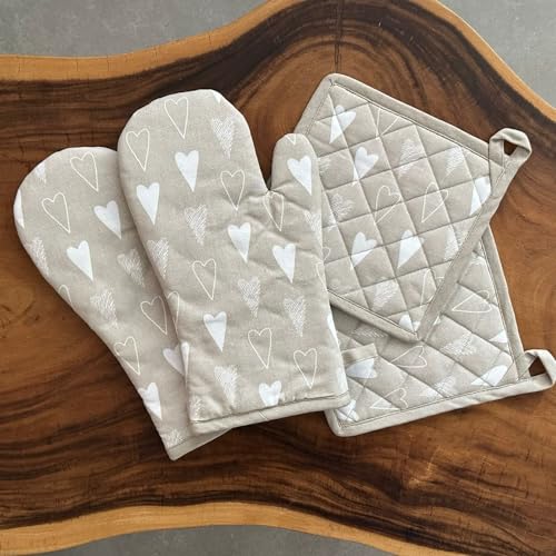 Oak & Lily Kitchen Linen Set | Apron with Heat Resistant, Cushioned Oven Mitts & Pot Holders | 100% Cotton | Washable | Gift for Cooking, Baking & Housewarming (Beige & Ivory Heart Pattern) - Image 4