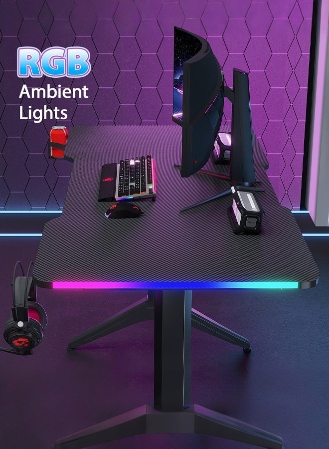 DESINO 120cm Office Desk / Gaming Desk with RGB LED Lights, Carbon Fiber-Texture Desktop, Cup Holder & Headphone Hook, Ergonomic Computer Desk for PC Gaming, Streaming, and Home Office – Black, Steel Base Frame - Image 4