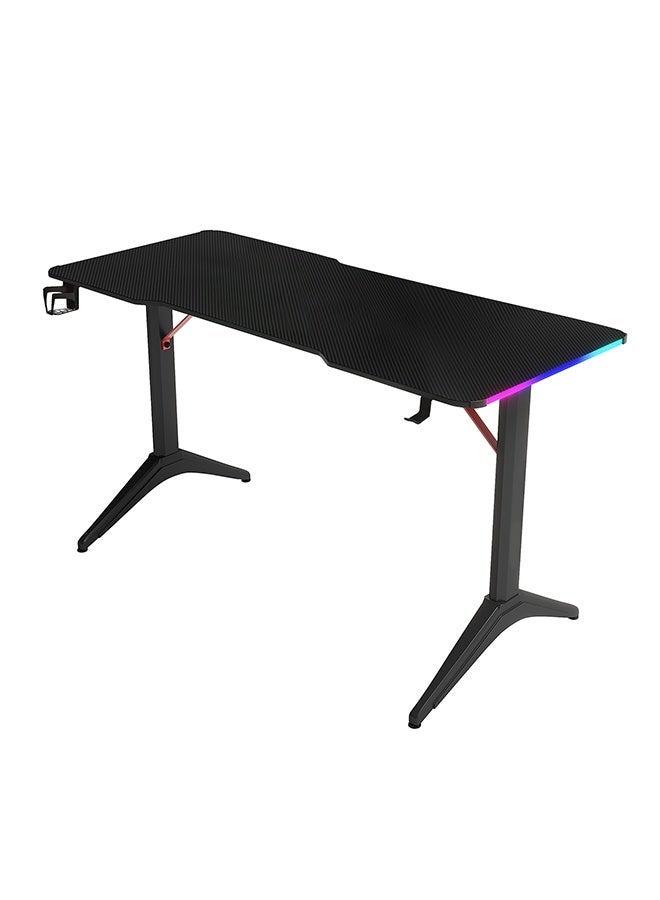 DESINO 120cm Office Desk / Gaming Desk with RGB LED Lights, Carbon Fiber-Texture Desktop, Cup Holder & Headphone Hook, Ergonomic Computer Desk for PC Gaming, Streaming, and Home Office – Black, Steel Base Frame - Image 2