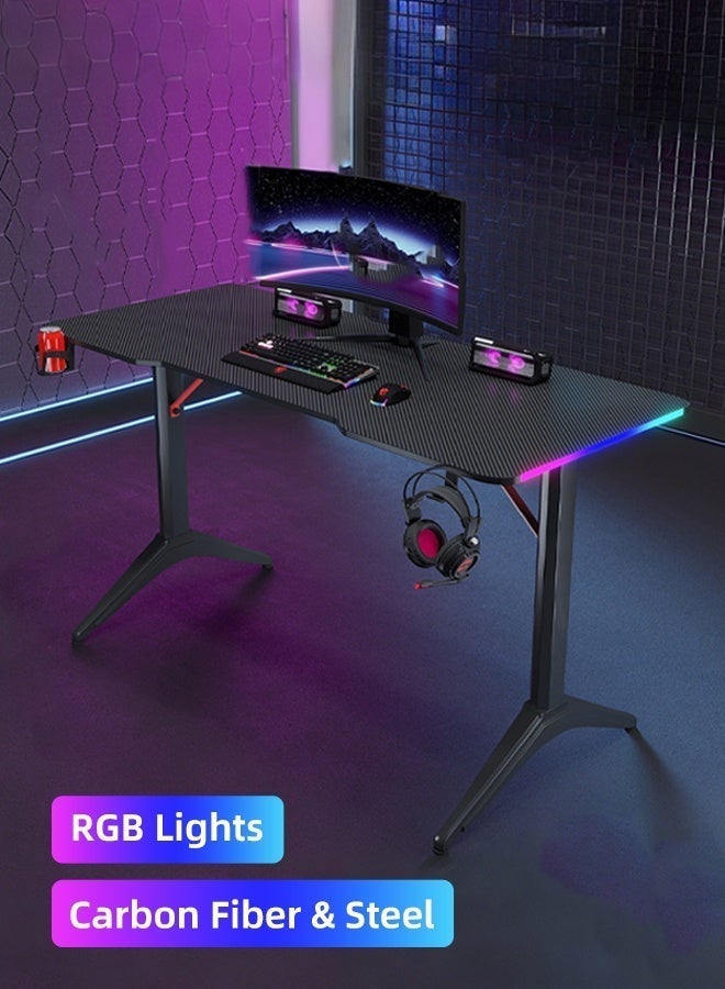 DESINO 120cm Office Desk / Gaming Desk with RGB LED Lights, Carbon Fiber-Texture Desktop, Cup Holder & Headphone Hook, Ergonomic Computer Desk for PC Gaming, Streaming, and Home Office – Black, Steel Base Frame - Image 3