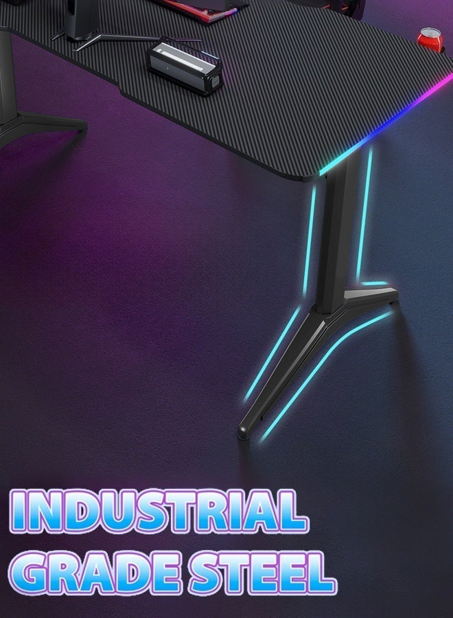 DESINO 120cm Office Desk / Gaming Desk with RGB LED Lights, Carbon Fiber-Texture Desktop, Cup Holder & Headphone Hook, Ergonomic Computer Desk for PC Gaming, Streaming, and Home Office – Black, Steel Base Frame - Image 5