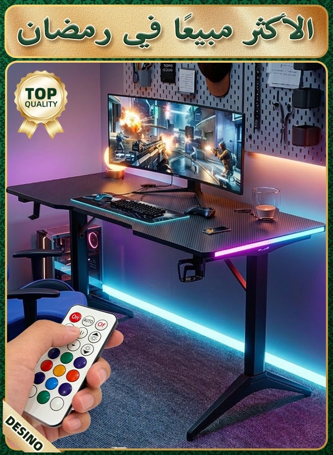 DESINO 120cm Office Desk / Gaming Desk with RGB LED Lights, Carbon Fiber-Texture Desktop, Cup Holder & Headphone Hook, Ergonomic Computer Desk for PC Gaming, Streaming, and Home Office – Black, Steel Base Frame - Image 1