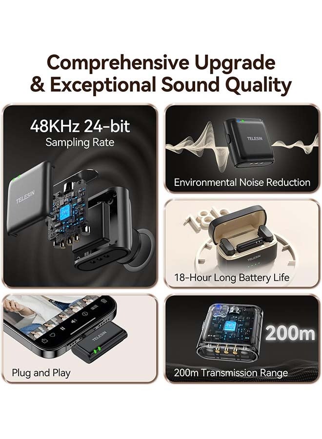 TELESIN TELESIN  Wireless Lavalier Microphone with Charging Case, one-Click Noise Reduction 48KHz 24Bit 650ft Range 20H Battery for Video Recording Type C Fit iPhone 15 16 Series/Android/PC/Laptop/Camera  - Image 2
