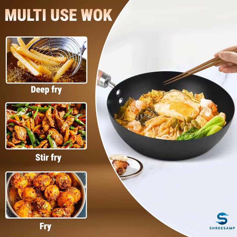 SHREESAMP Classic Carbon Non-Stick Fry Pan with Comfortable Wooden Handle � Perfect for Everyday Cooking, Deep Frying Pan for Chinese Japanese and Other Cooking [37x20x8 CM] - Image 4