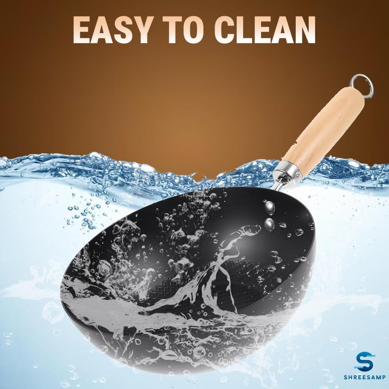 SHREESAMP Classic Carbon Non-Stick Fry Pan with Comfortable Wooden Handle � Perfect for Everyday Cooking, Deep Frying Pan for Chinese Japanese and Other Cooking [37x20x8 CM] - Image 5