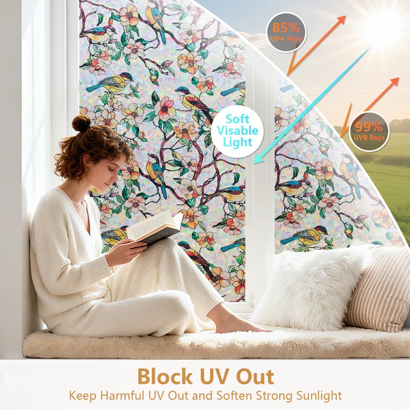 Kromapolis Window Privacy Film, Stained Glass Sticker Floral Window Clings, Decorative Static Clings UV Blocking Colorful Decals, Removable Vinyl Covering Rainbow Camellia, 17.5'' x 78.7'' - Image 4