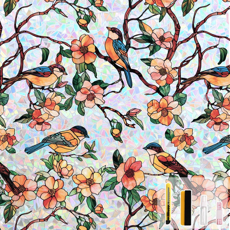 Kromapolis Window Privacy Film, Stained Glass Sticker Floral Window Clings, Decorative Static Clings UV Blocking Colorful Decals, Removable Vinyl Covering Rainbow Camellia, 17.5'' x 78.7'' - Image 1