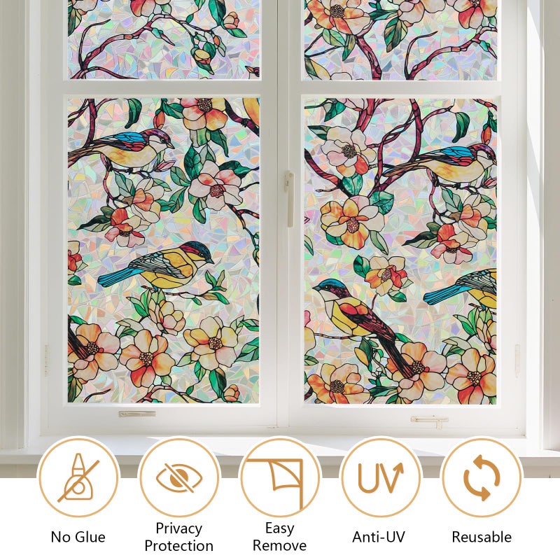 Kromapolis Window Privacy Film, Stained Glass Sticker Floral Window Clings, Decorative Static Clings UV Blocking Colorful Decals, Removable Vinyl Covering Rainbow Camellia, 17.5'' x 78.7'' - Image 3