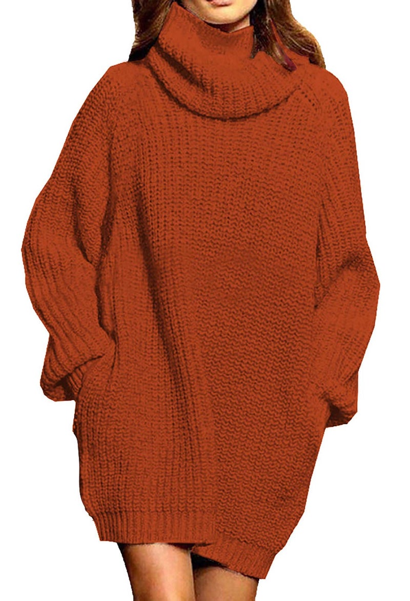 Pink Queen Women's Loose Turtleneck Plus Size Sweater Dress Oversize Long Pullover Tunic Knit Dresses Brown 2XL - Image 1