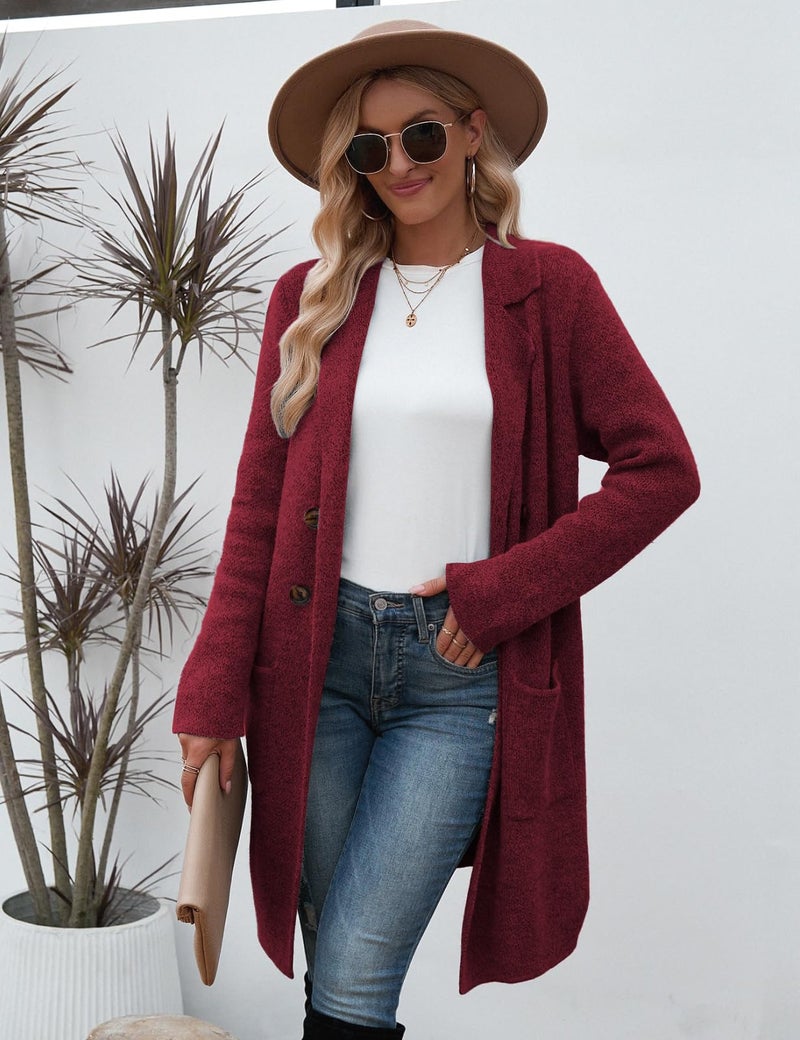 CiCiBird Women Fall Long Cardigan Sweater Trendy Knit Jacket Coat Dressy Blazer Coatigan Burgundy M - Image 5