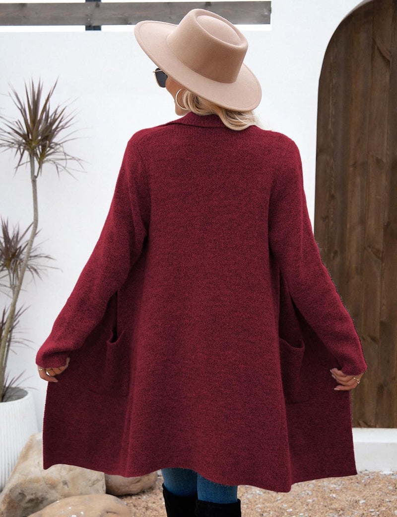 CiCiBird Women Fall Long Cardigan Sweater Trendy Knit Jacket Coat Dressy Blazer Coatigan Burgundy M - Image 2
