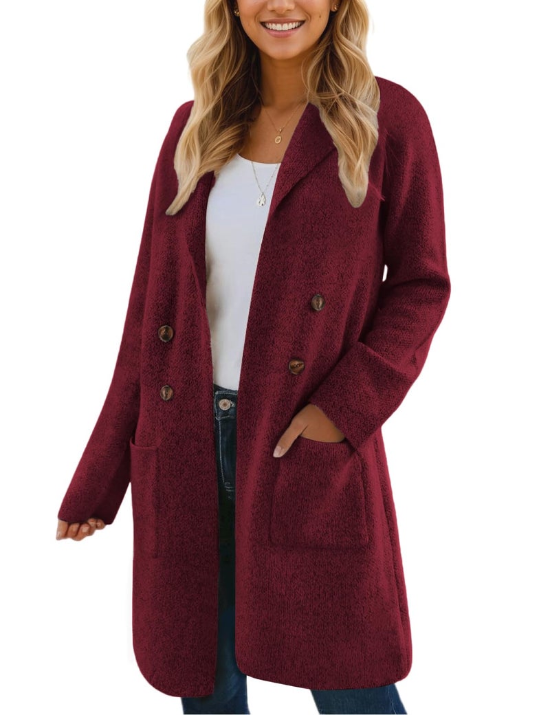 CiCiBird Women Fall Long Cardigan Sweater Trendy Knit Jacket Coat Dressy Blazer Coatigan Burgundy M - Image 1