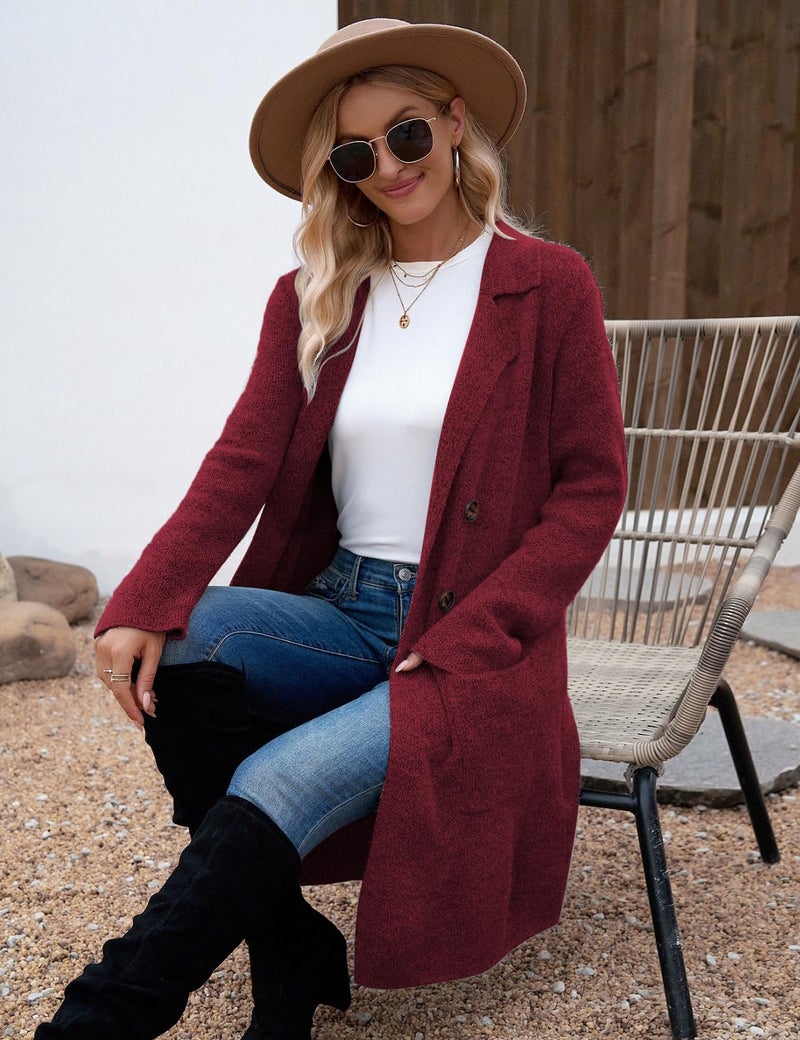 CiCiBird Women Fall Long Cardigan Sweater Trendy Knit Jacket Coat Dressy Blazer Coatigan Burgundy M - Image 3