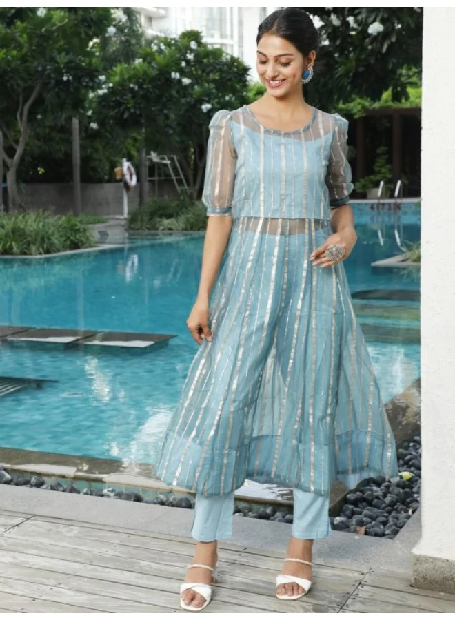 AKS Light Blue Zari Work Anarkali With Pant