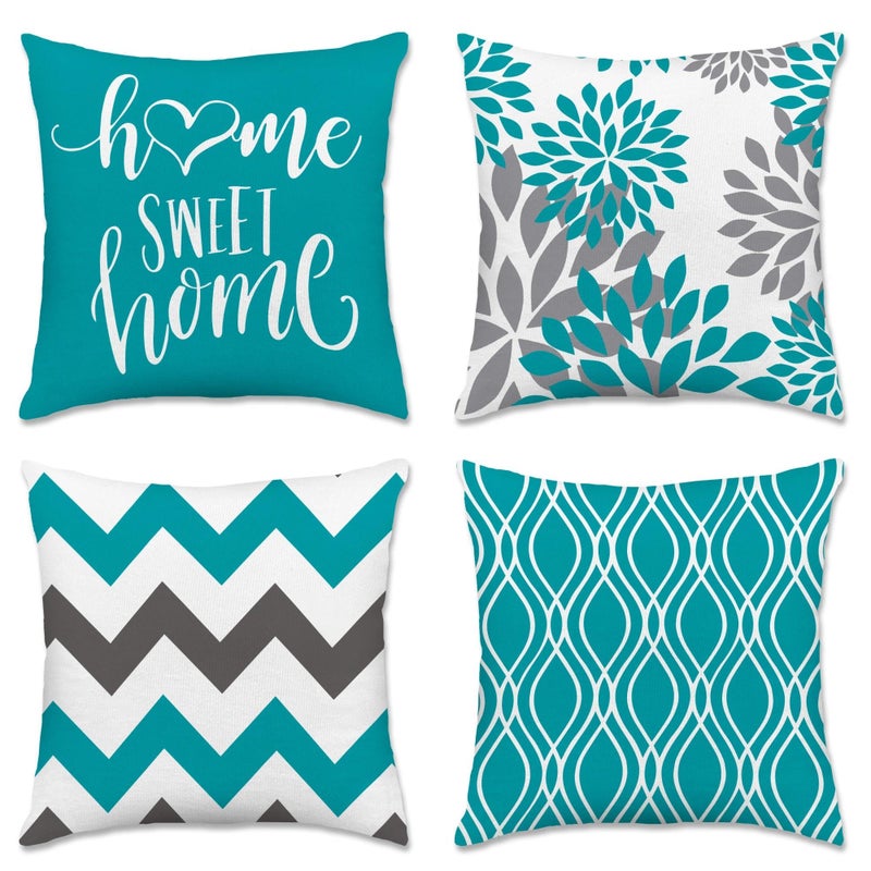 Hexagram Geometric Teal Pillow Covers 18x18 Set of 4, Decorative Outdoor Boho Modern Throw Pillow Covers, Home Sweet Home Farmhouse Cushion Case for Couch Sofa Bedroom Indoor Decor(No Insert) - Image 1