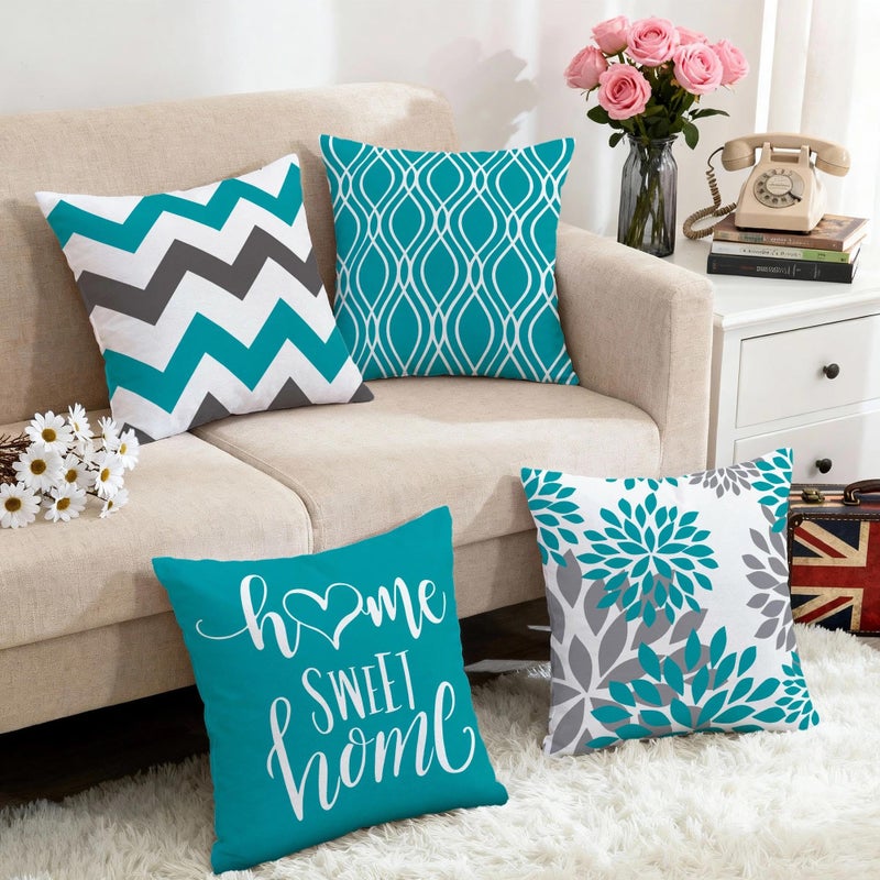 Hexagram Geometric Teal Pillow Covers 18x18 Set of 4, Decorative Outdoor Boho Modern Throw Pillow Covers, Home Sweet Home Farmhouse Cushion Case for Couch Sofa Bedroom Indoor Decor(No Insert) - Image 5