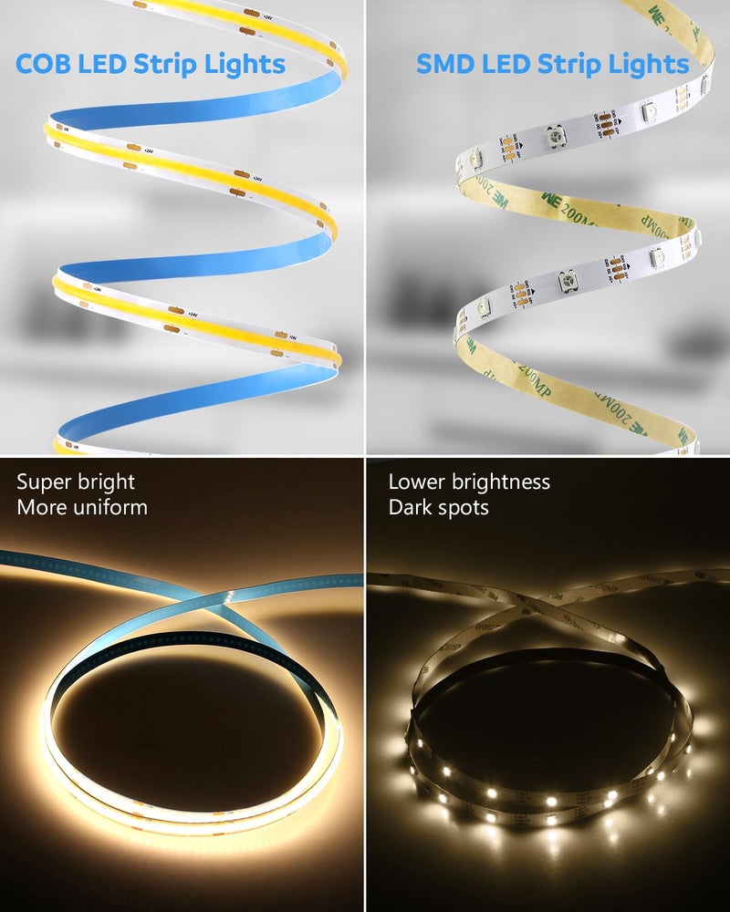 Aclorol أضواء شريط LED Aclorol 50 قدم COB 3000K دافئ أبيض قابل للتعتيم 24V مجموعة شريط ضوء LED عالية الكثافة أضواء شريط ساطعة مع مزود الطاقة لمشاريع إضاءة عرض الخزائن المنزلية DIY CRI85+ 320LEDs/M - Image 5
