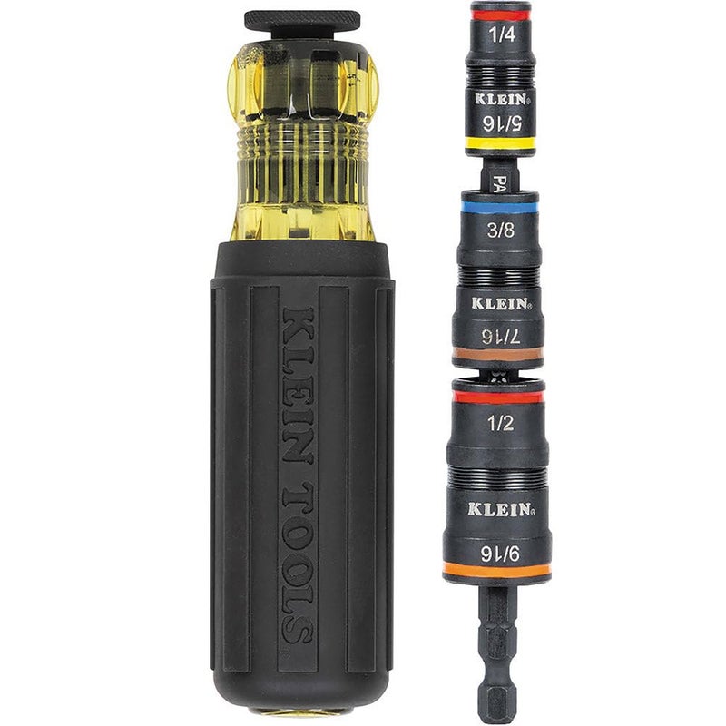 Klein Tools 32910 Impact Driver 7in1 SAE Impact Socket Set with Handle Flip Socket with 14 516 38 716 12 and 916Inch Nut Driver Sizes and 14Inch Bit Holder