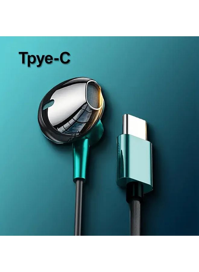 Green Type C Wired Earbuds with Bass Boost Noise Cancelling Mic for Gaming Office - Image 1