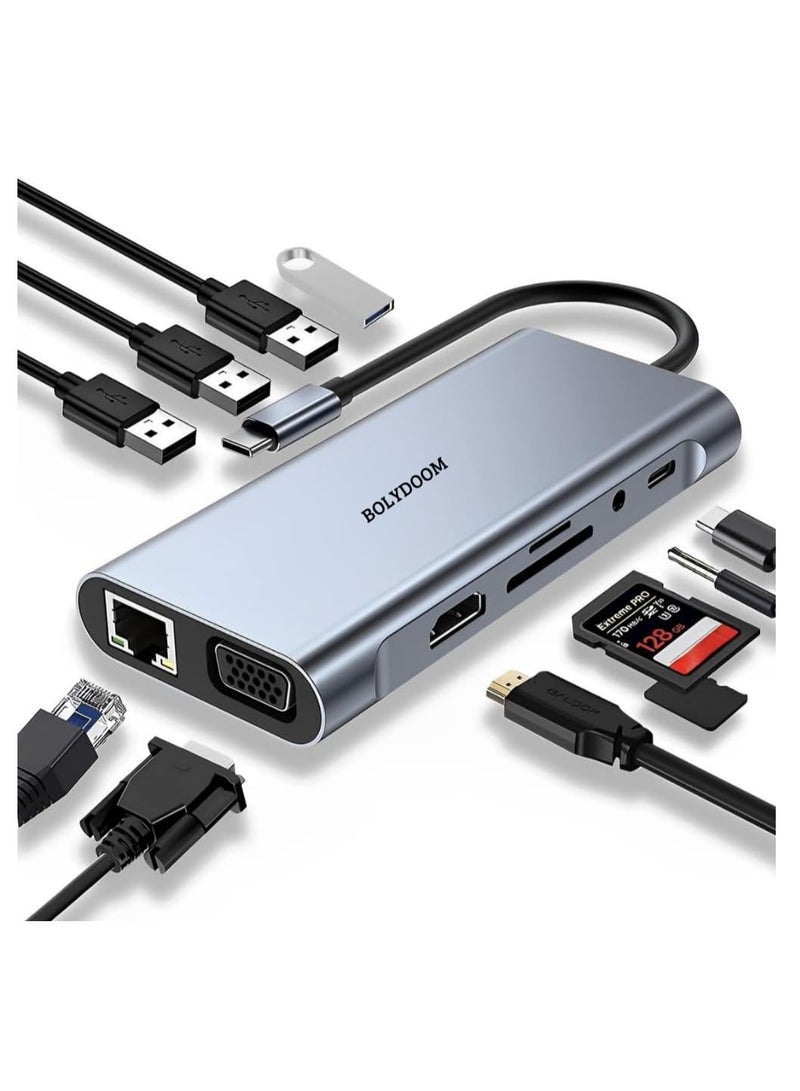 بولي محول موزع USB Type C 3.0 11 في 1 - محول USB متعدد المنافذ مع RJ45 HDMI Ethernet USB 3.0 VGA P2 - متوافق مع MacBook Pro / Air و Windows - BOLYDOOM - Image 1