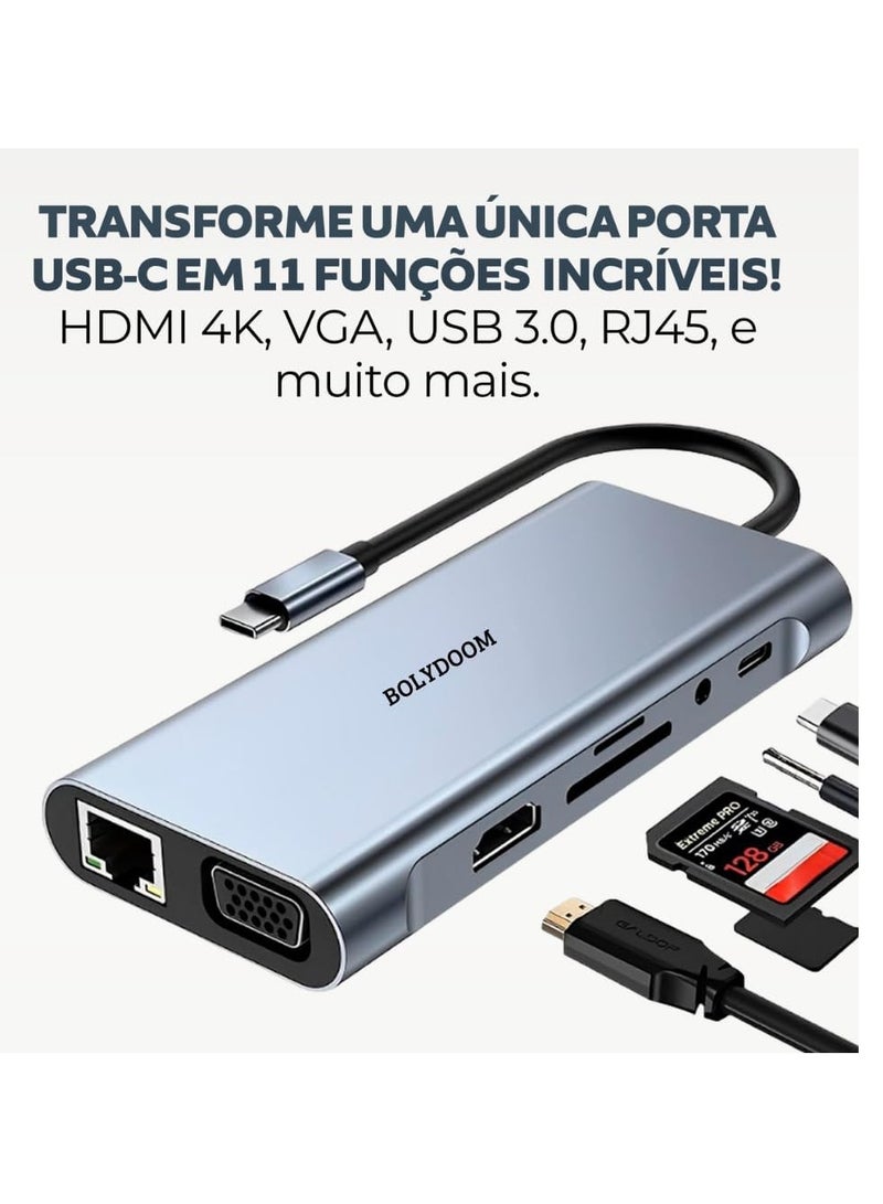 بولي محول موزع USB Type C 3.0 11 في 1 - محول USB متعدد المنافذ مع RJ45 HDMI Ethernet USB 3.0 VGA P2 - متوافق مع MacBook Pro / Air و Windows - BOLYDOOM - Image 3